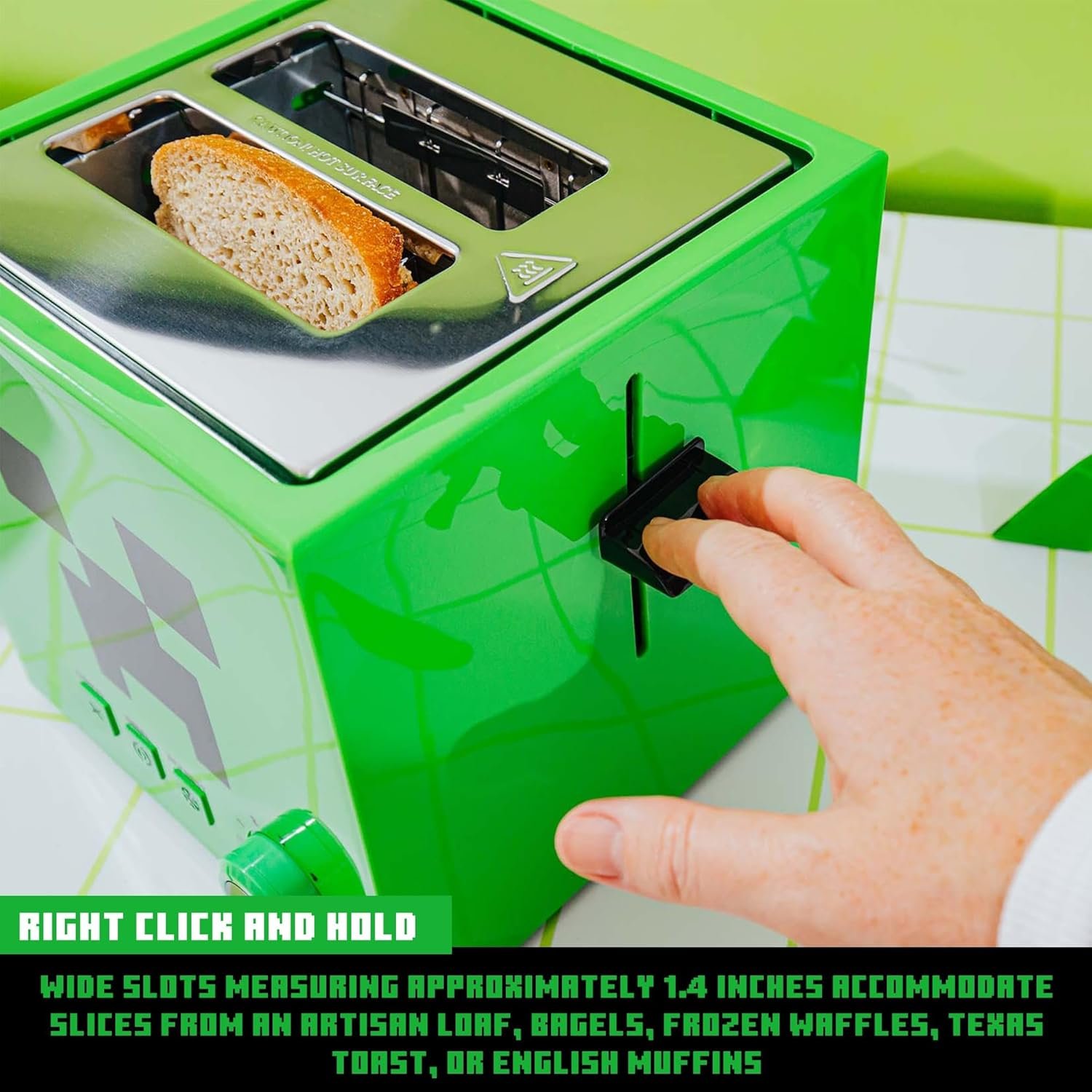 Minecraft Green Creeper - Tostadora de 2 rebanadas para bagels, waffles y panes, cuenta con 6 ajustes con opción de descongelación | Imprime el símbolo de enredadera en el pan - Imagen 6