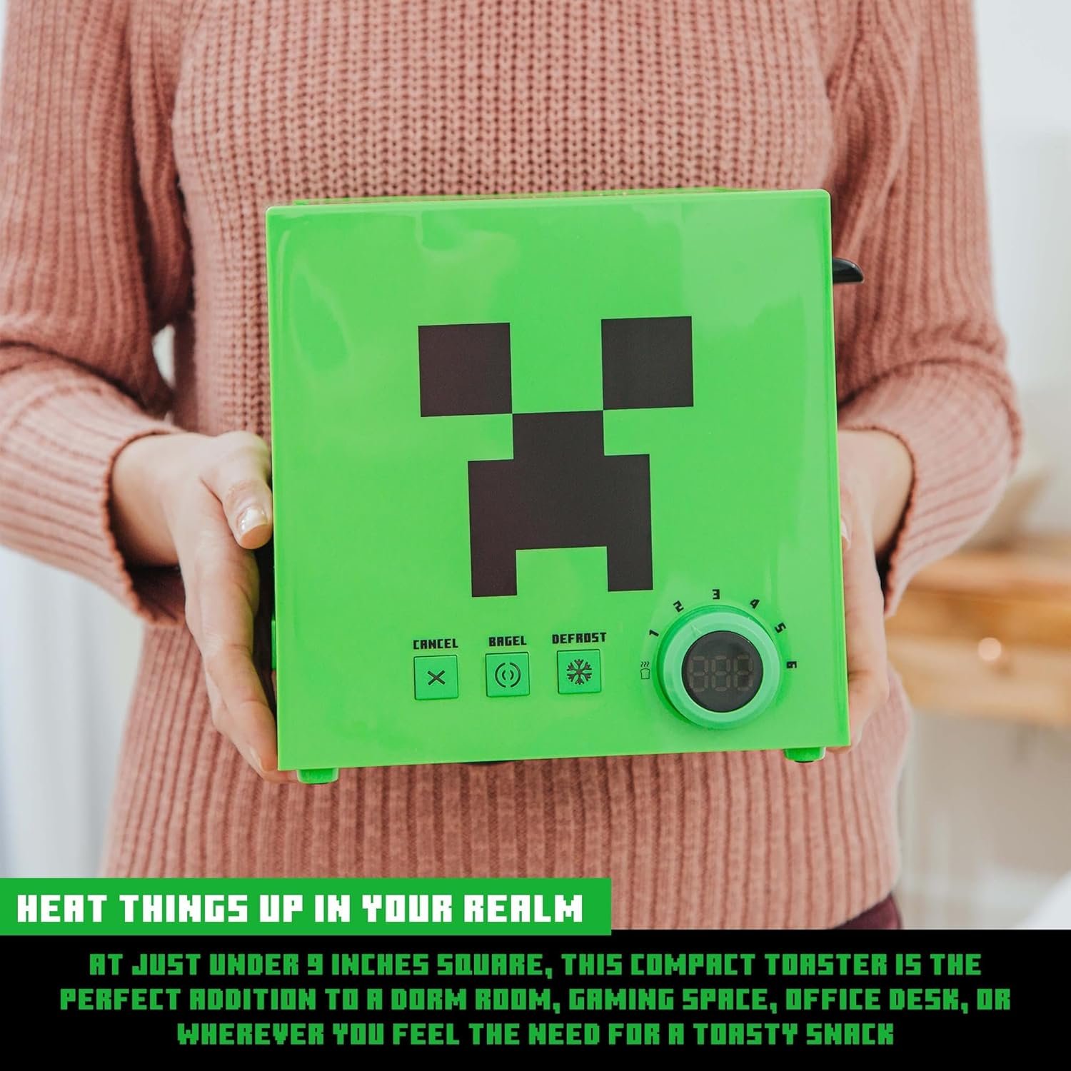 Minecraft Green Creeper - Tostadora de 2 rebanadas para bagels, waffles y panes, cuenta con 6 ajustes con opción de descongelación | Imprime el símbolo de enredadera en el pan - Imagen 8