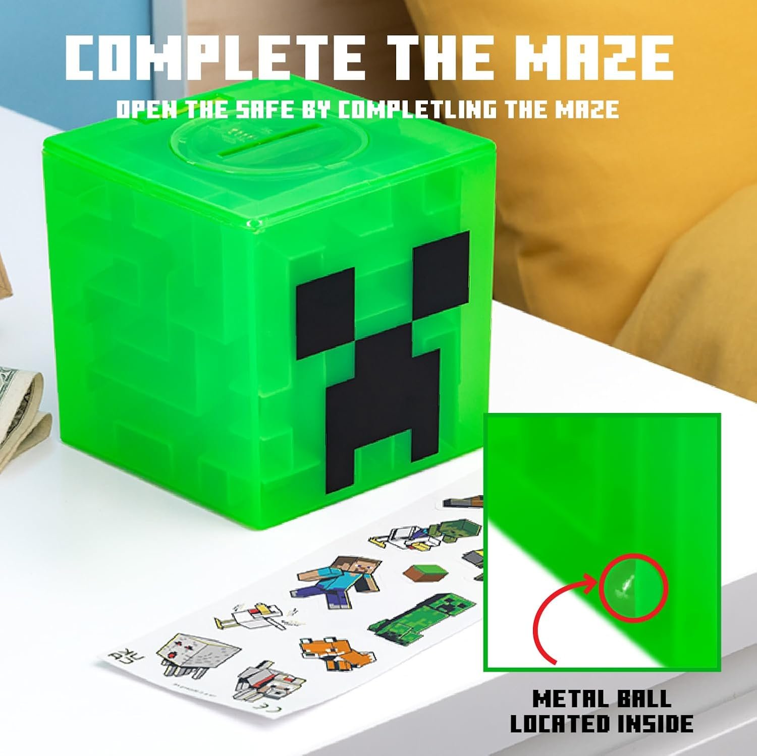 Paladone Minecraft Creeper Maze Safe, completa el laberinto para desbloquear dinero, divertido juguete coleccionable de bloques de Minecraft y alcancía para niños, viene con calcomanías decorativas - Imagen 5