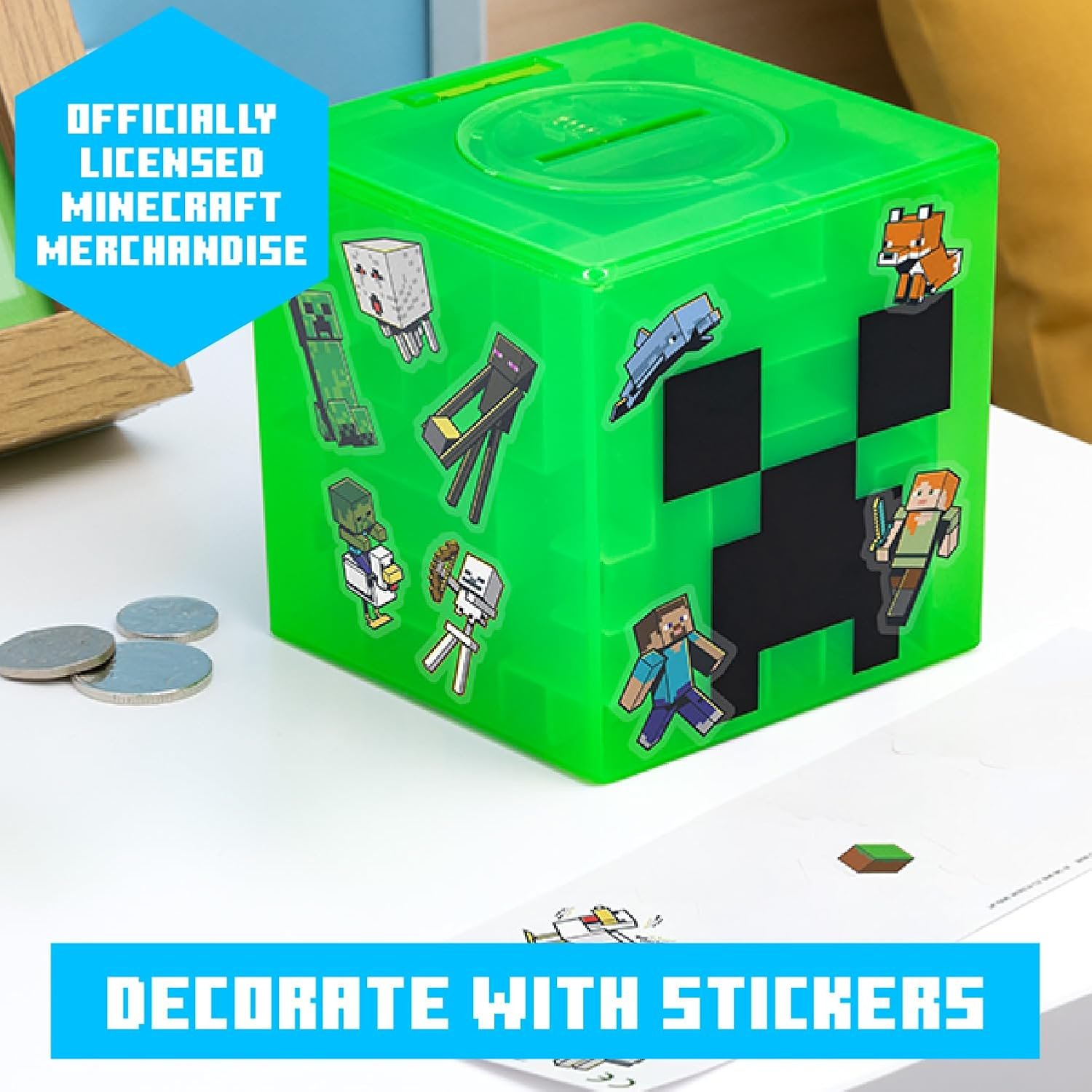 Paladone Minecraft Creeper Maze Safe, completa el laberinto para desbloquear dinero, divertido juguete coleccionable de bloques de Minecraft y alcancía para niños, viene con calcomanías decorativas - Imagen 6