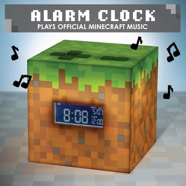 Paladone Minecraft Grass Block - Reloj despertador digital, función de lámpara iluminada, reproduce música oficial en juegos, decoración de dormitorio para jugadores de Minecraft - Imagen 4