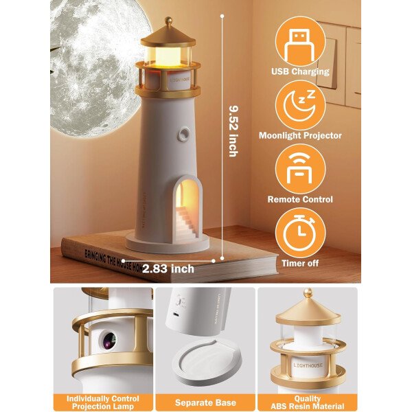 Lámpara de luna proyector de luz nocturna, lámpara de faro, luz nocturna para niños, proyector de galaxia de luz de luna recargable, lámpara de mesa estética LED recargable, regalos de cumpleaños de - Imagen 5