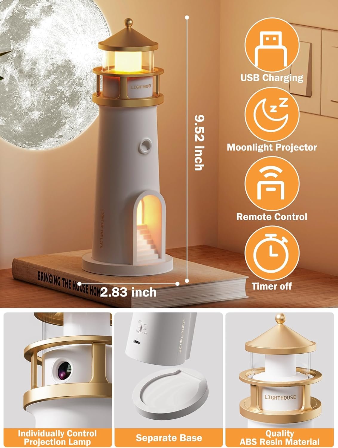 Lámpara de luna proyector de luz nocturna, lámpara de faro, luz nocturna para niños, proyector de galaxia de luz de luna recargable, lámpara de mesa estética LED recargable, regalos de cumpleaños de - Imagen 5