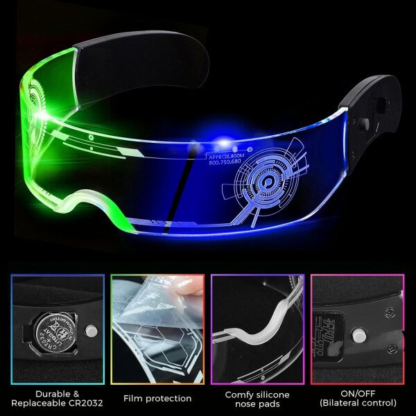 Gafas de visera LED iluminadas en 7 colores y 4 modos, gafas Cyberpunk para Halloween, cosplay, fiesta, bar, adultos (geniales) - Imagen 6