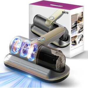 PATO Aspiradora de colchón, aspiradora inalámbrica de mano con luz UV-C, filtro HEPA y vibración ultrasónica, 12 KPa, adecuada para camas, sofás, asientos de automóvil, alfombras (dorado)