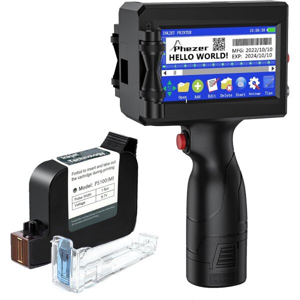 Phezer P15 Impresora de inyección de tinta portátil para superficie plana, boquilla de 0.5 pulgadas para producción de código de barras QRCode, fecha, hora, logotipo, número de lote, impresión en