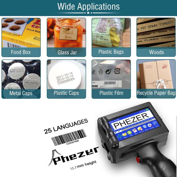 Phezer P15 Impresora de inyección de tinta portátil para superficie plana, boquilla de 0.5 pulgadas para producción de código de barras QRCode, fecha, hora, logotipo, número de lote, impresión en - Imagen 2