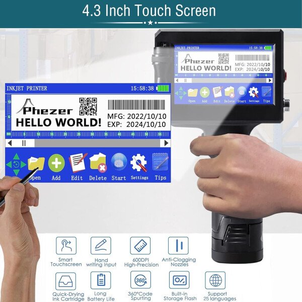 Phezer P15 Impresora de inyección de tinta portátil para superficie plana, boquilla de 0.5 pulgadas para producción de código de barras QRCode, fecha, hora, logotipo, número de lote, impresión en - Imagen 3