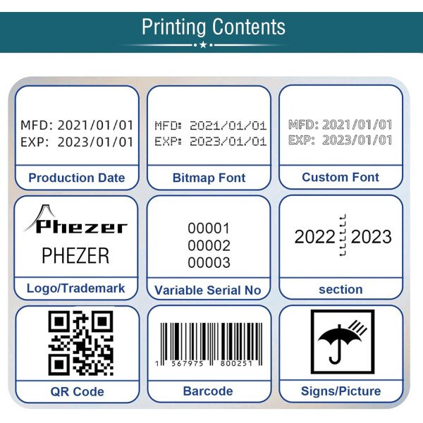 Phezer P15 Impresora de inyección de tinta portátil para superficie plana, boquilla de 0.5 pulgadas para producción de código de barras QRCode, fecha, hora, logotipo, número de lote, impresión en - Imagen 8