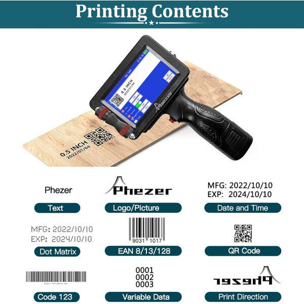 Phezer P15 Impresora de inyección de tinta portátil para superficie plana, boquilla de 0.5 pulgadas para producción de código de barras QRCode, fecha, hora, logotipo, número de lote, impresión en - Imagen 18