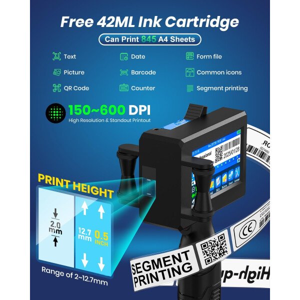 Pistola portátil de inyección de tinta de mano, boquilla de 0.5 pulgadas para logotipo, número de lote, código QR en cualquier superficie (metal, madera, vidrio, tela, cartón) con tinta de - Imagen 4