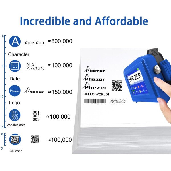 Phezer Mini impresora de inyección de tinta mejorada para superficie plana y curva PC11 Plus, 25 idiomas y cartucho de tinta de secado rápido, dispositivo portátil de marcado de bolsillo para fecha y - Imagen 6