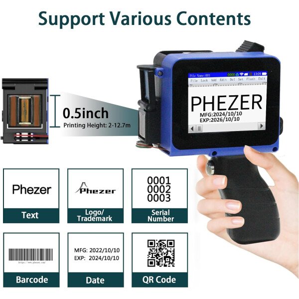 Phezer Mini impresora de inyección de tinta mejorada para superficie plana y curva PC11 Plus, 25 idiomas y cartucho de tinta de secado rápido, dispositivo portátil de marcado de bolsillo para fecha y - Imagen 12