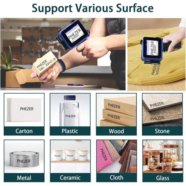 Phezer Mini impresora de inyección de tinta mejorada para superficie plana y curva PC11 Plus, 25 idiomas y cartucho de tinta de secado rápido, dispositivo portátil de marcado de bolsillo para fecha y - Imagen 14
