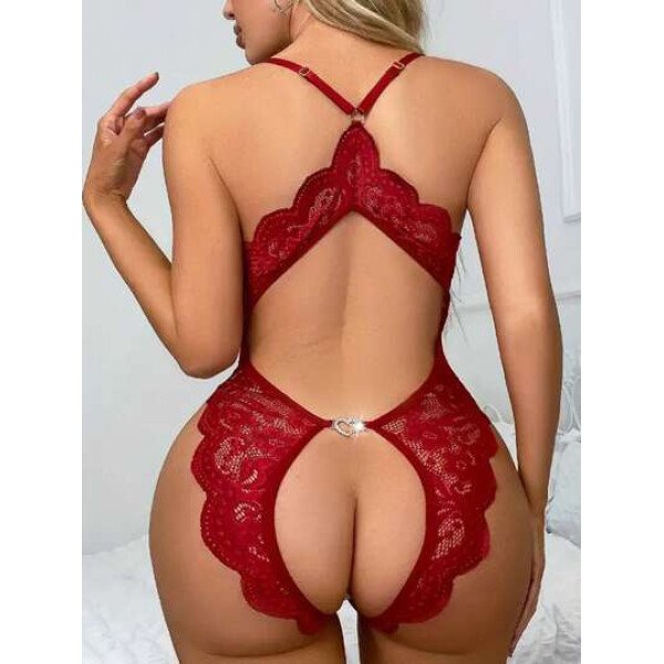 Bodyduit sexy para mujer con cuello en V profundo transparente, decoración de lazo en el pecho, encaje floral cruzado en la entrepierna, hebilla metálica con forma de corazón, recorte de concha y tirantes ajustables