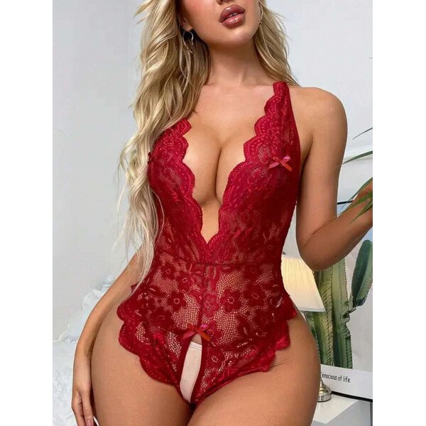 Bodyduit sexy para mujer con cuello en V profundo transparente, decoración de lazo en el pecho, encaje floral cruzado en la entrepierna, hebilla metálica con forma de corazón, recorte de concha y tirantes ajustables - Imagen 5