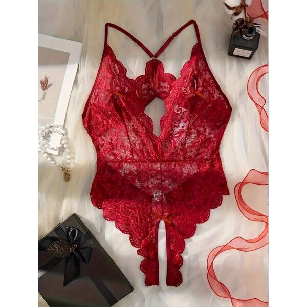 Bodyduit sexy para mujer con cuello en V profundo transparente, decoración de lazo en el pecho, encaje floral cruzado en la entrepierna, hebilla metálica con forma de corazón, recorte de concha y tirantes ajustables - Imagen 8