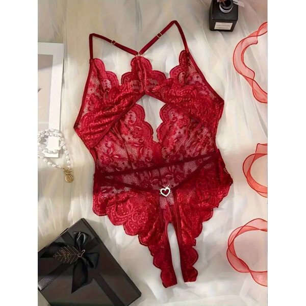 Bodyduit sexy para mujer con cuello en V profundo transparente, decoración de lazo en el pecho, encaje floral cruzado en la entrepierna, hebilla metálica con forma de corazón, recorte de concha y tirantes ajustables - Imagen 9