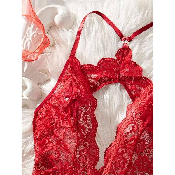 Bodyduit sexy para mujer con cuello en V profundo transparente, decoración de lazo en el pecho, encaje floral cruzado en la entrepierna, hebilla metálica con forma de corazón, recorte de concha y tirantes ajustables - Imagen 10