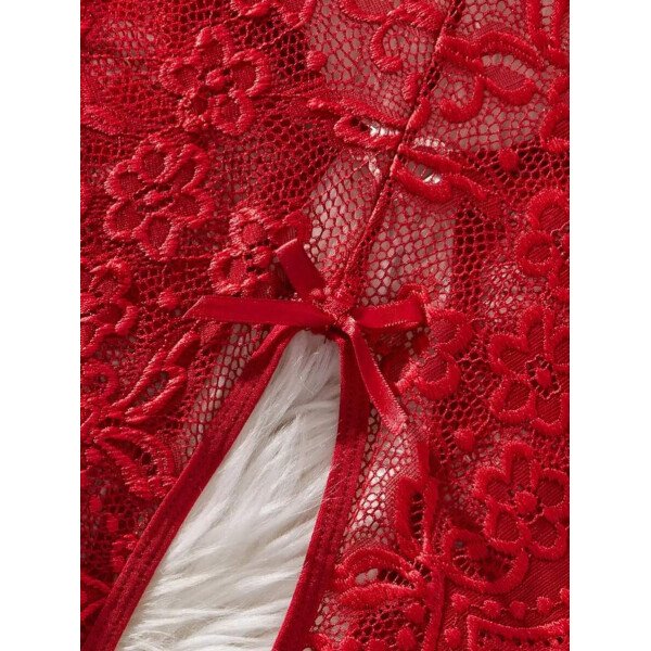 Bodyduit sexy para mujer con cuello en V profundo transparente, decoración de lazo en el pecho, encaje floral cruzado en la entrepierna, hebilla metálica con forma de corazón, recorte de concha y tirantes ajustables - Imagen 11