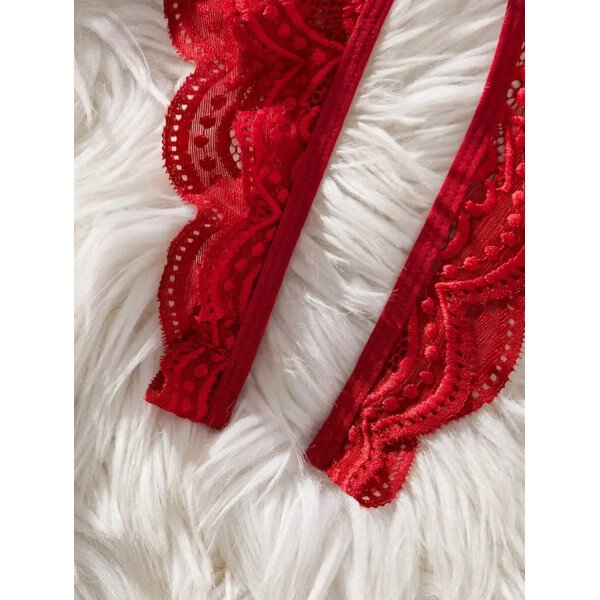 Bodyduit sexy para mujer con cuello en V profundo transparente, decoración de lazo en el pecho, encaje floral cruzado en la entrepierna, hebilla metálica con forma de corazón, recorte de concha y tirantes ajustables - Imagen 12