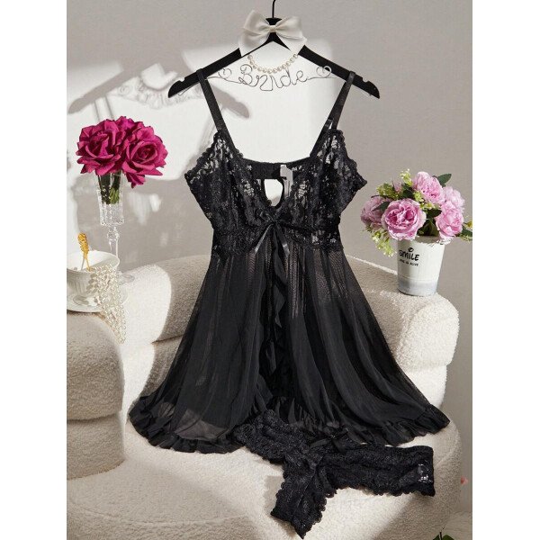 DelicateAllure Vestido de lencería sexy con decoración de encaje, volantes y malla con tanga - Imagen 7