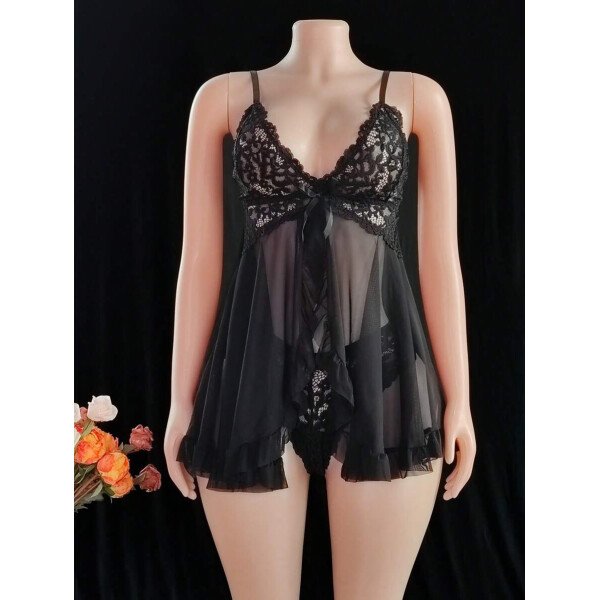DelicateAllure Vestido de lencería sexy con decoración de encaje, volantes y malla con tanga - Imagen 8