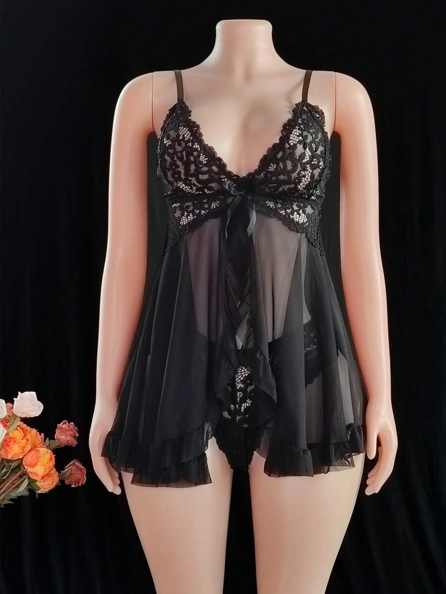 DelicateAllure Vestido de lencería sexy con decoración de encaje, volantes y malla con tanga - Imagen 8