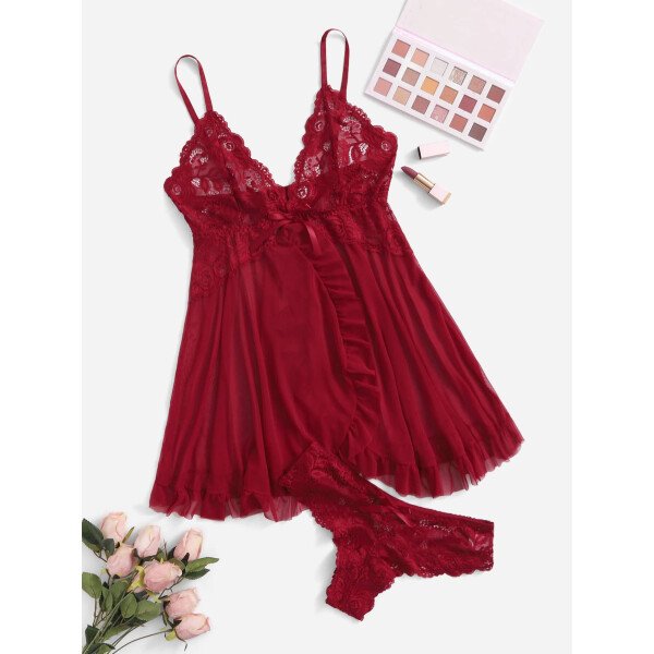 DelicateAllure Vestido de lencería sexy con decoración de encaje, volantes y malla con tanga - Imagen 13