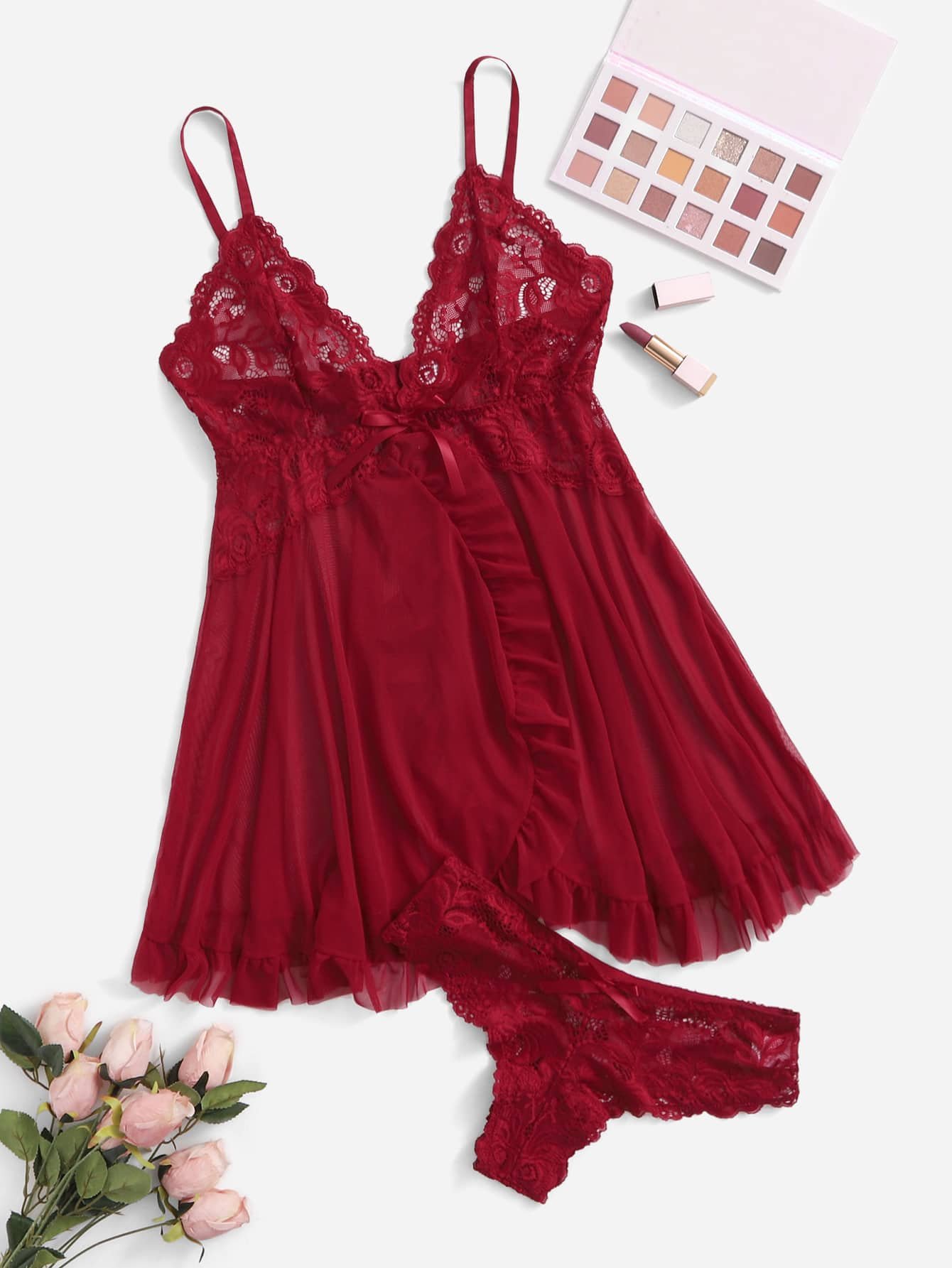 DelicateAllure Vestido de lencería sexy con decoración de encaje, volantes y malla con tanga - Imagen 13