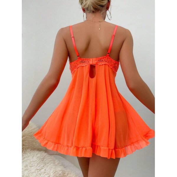DelicateAllure Vestido de lencería sexy con decoración de encaje, volantes y malla con tanga - Imagen 22