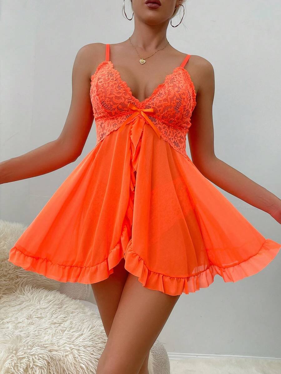 DelicateAllure Vestido de lencería sexy con decoración de encaje, volantes y malla con tanga - Imagen 23
