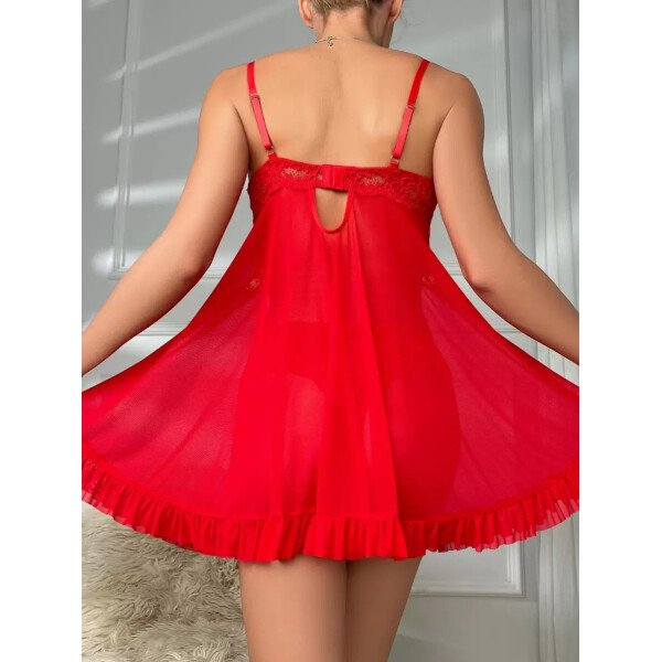 DelicateAllure Vestido de lencería sexy con decoración de encaje, volantes y malla con tanga - Imagen 27
