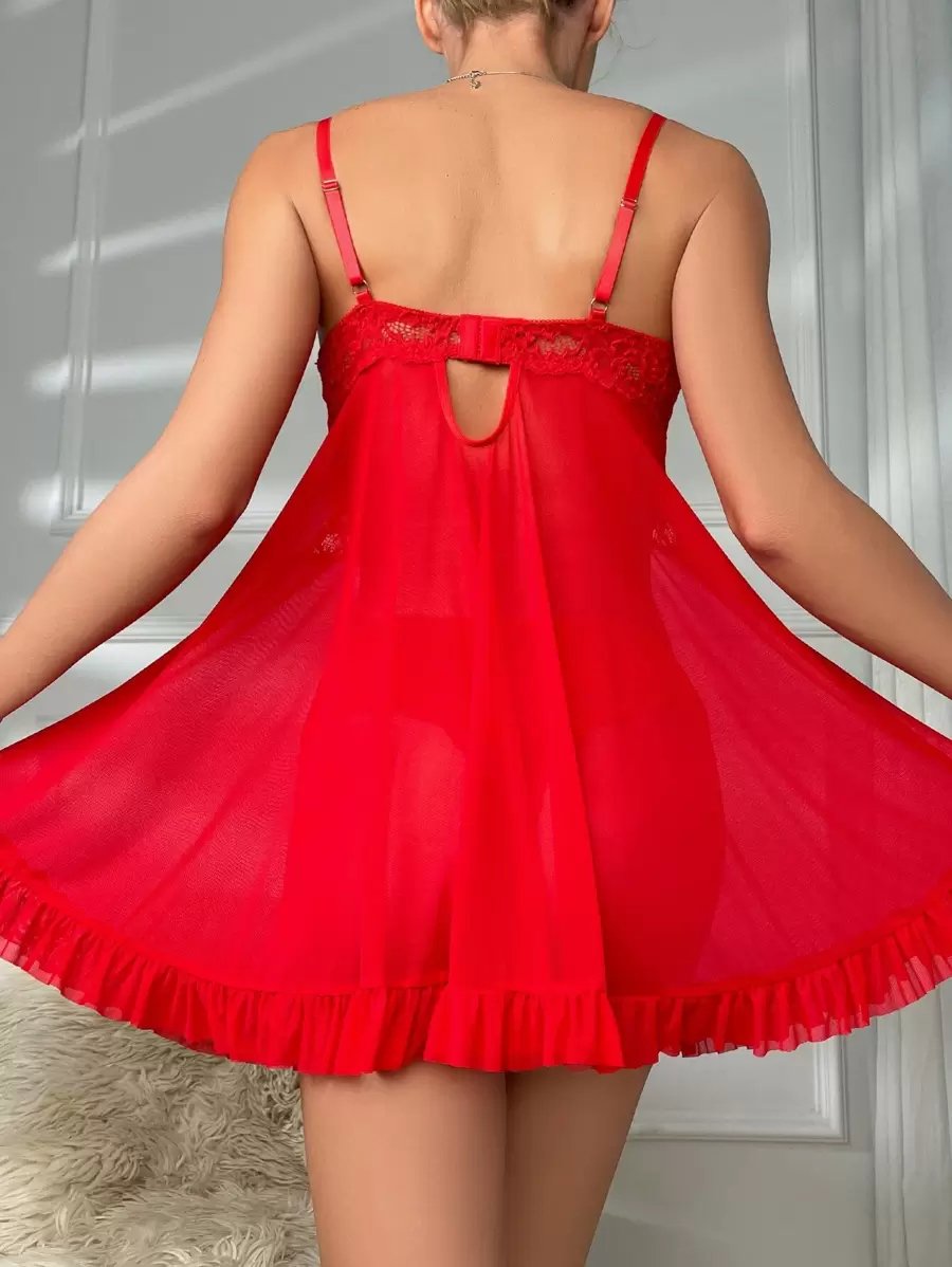 DelicateAllure Vestido de lencería sexy con decoración de encaje, volantes y malla con tanga - Imagen 27