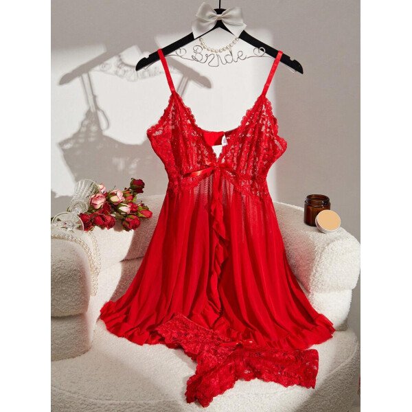DelicateAllure Vestido de lencería sexy con decoración de encaje, volantes y malla con tanga - Imagen 31