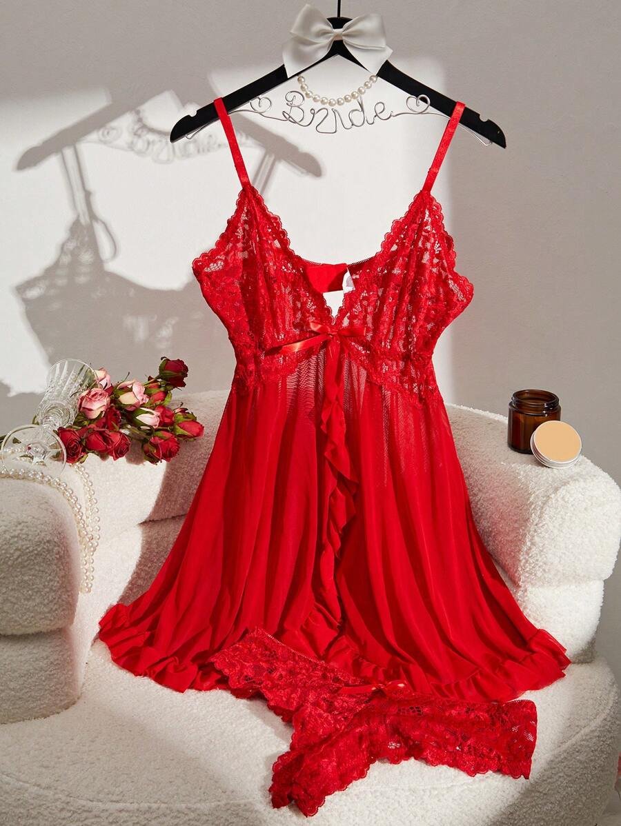 DelicateAllure Vestido de lencería sexy con decoración de encaje, volantes y malla con tanga - Imagen 31