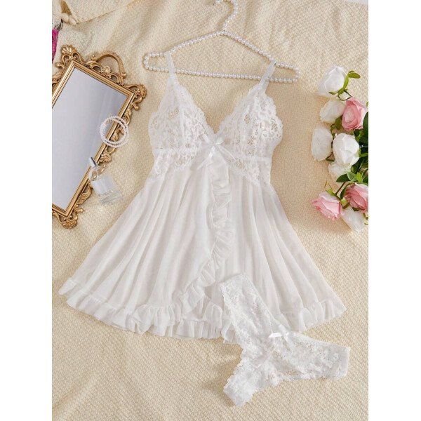 DelicateAllure Vestido de lencería sexy con decoración de encaje, volantes y malla con tanga - Imagen 37