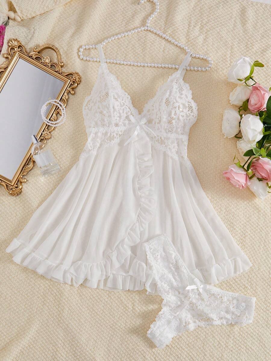 DelicateAllure Vestido de lencería sexy con decoración de encaje, volantes y malla con tanga - Imagen 37