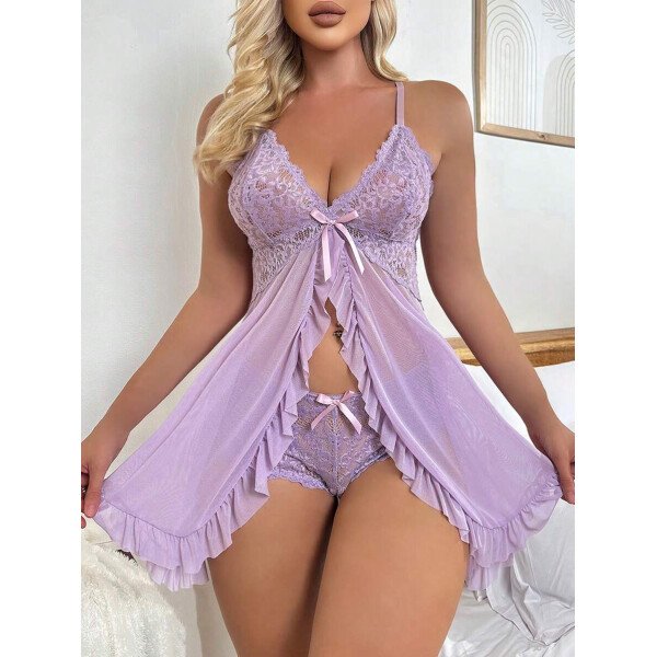 DelicateAllure Vestido de lencería sexy con decoración de encaje, volantes y malla con tanga - Imagen 39