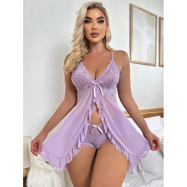 DelicateAllure Vestido de lencería sexy con decoración de encaje, volantes y malla con tanga - Imagen 42