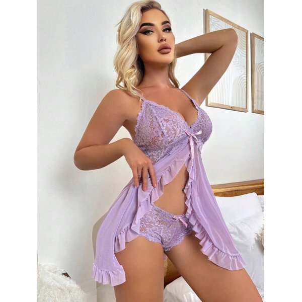 DelicateAllure Vestido de lencería sexy con decoración de encaje, volantes y malla con tanga - Imagen 43