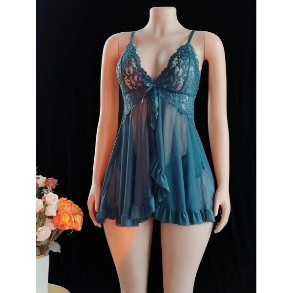 DelicateAllure Vestido de lencería sexy con decoración de encaje, volantes y malla con tanga - Imagen 50