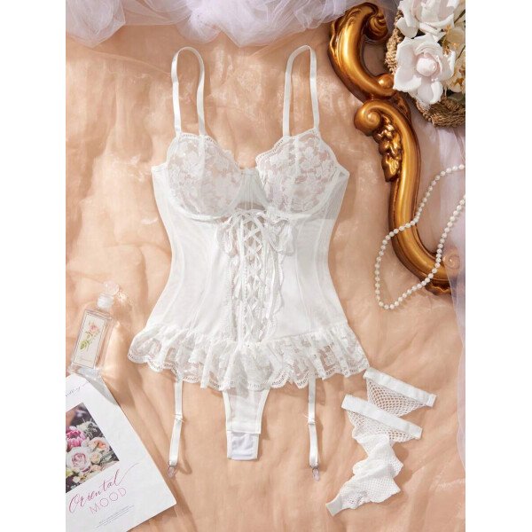 Set de 3 piezas: Body de encaje transparente y sexy con volantes y ligas para salir - Imagen 7