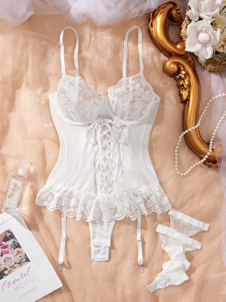 Set de 3 piezas: Body de encaje transparente y sexy con volantes y ligas para salir - Imagen 7