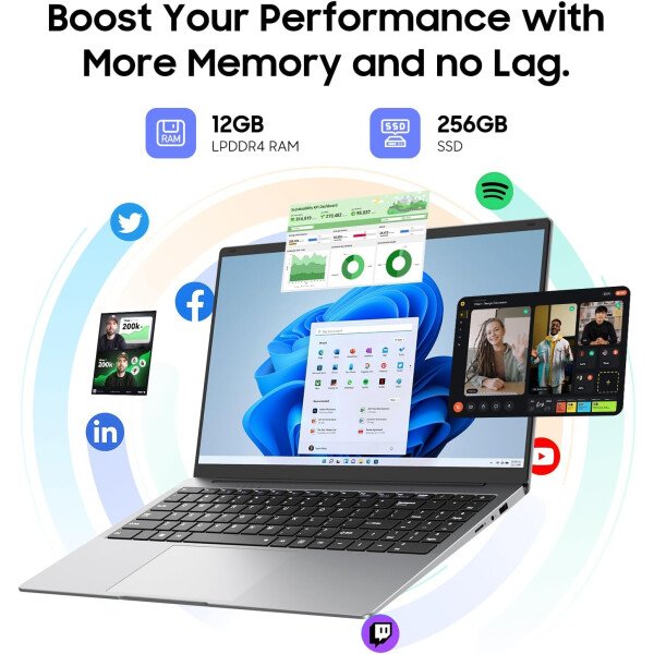 AE86 Portátil Windows 11 de 15.6 pulgadas, Intel Celeron N4000, 12 GB de RAM 256 GB SSD, pantalla Full HD 1080P, WiFi de doble banda, mini HDMI, cuaderno plateado delgado ligero para negocios, escuela - Imagen 3