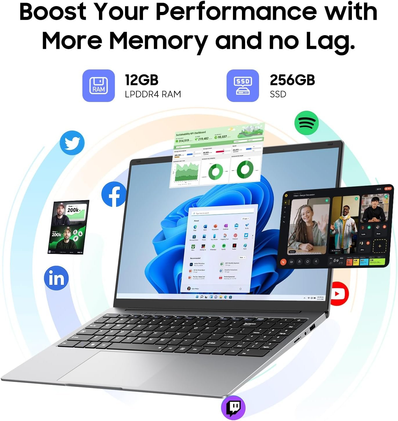 AE86 Portátil Windows 11 de 15.6 pulgadas, Intel Celeron N4000, 12 GB de RAM 256 GB SSD, pantalla Full HD 1080P, WiFi de doble banda, mini HDMI, cuaderno plateado delgado ligero para negocios, escuela - Imagen 3