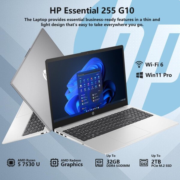 HP Laptop 255 G10, pantalla FHD de 15.6 pulgadas, AMD Ryzen 5 7530U, 32 GB de RAM, SSD de 1 TB, Windows 11 Pro, portátil de negocios para oficina, escuela y uso diario, trabajo y entretenimiento - Imagen 2