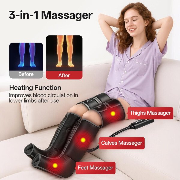 JOROTO Masajeador de piernas con calor y compresión, masajeador de pies y pantorrillas, muslo, con calor para circulación y alivio del dolor, 6 modos, 3 intensidades, máquina de masaje de pies, masaje - Imagen 5