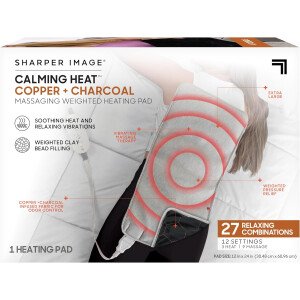 Sharper Image: Almohadilla térmica de masaje calmante de cobre + carbón de Sharper Image, almohadilla térmica eléctrica pesada con vibraciones, apagado automático, 12 ajustes, 3 calentadores, 9