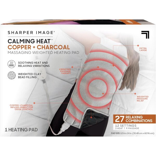 Sharper Image: Almohadilla térmica de masaje calmante de cobre + carbón de Sharper Image, almohadilla térmica eléctrica pesada con vibraciones, apagado automático, 12 ajustes, 3 calentadores, 9